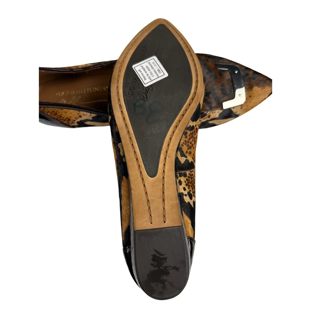 Donald J Pliner Leopard Calf Hair Wedge Pumps Pointed Toe Buckle Brown Womens